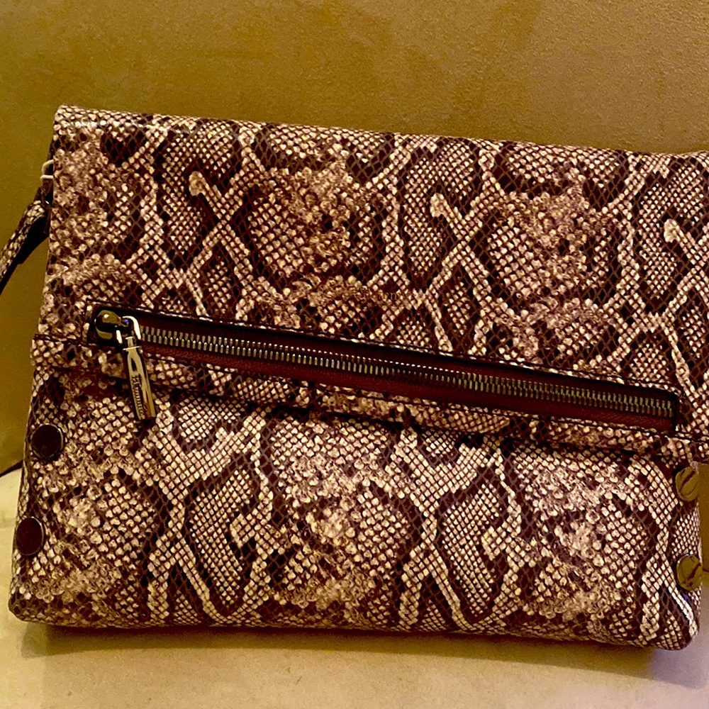 Snake-Print Foldover Clutch in Brown and Cream